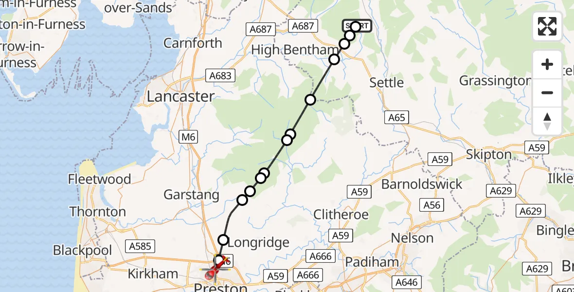 Flight path map showing Air Ambulance Helicopter route from Horton in Ribblesdale to Preston