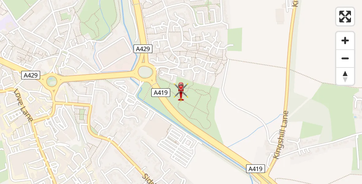 Flight path map showing Air Ambulance Helicopter route from Cirencester to Cirencester