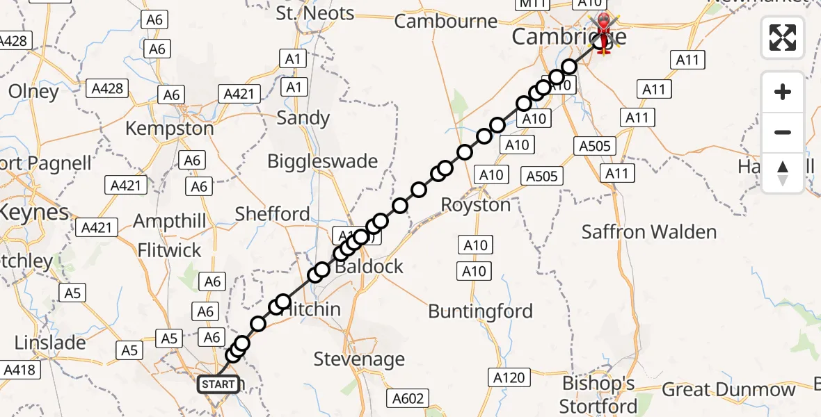 Flight path map showing Air Ambulance Helicopter route from Luton to Cambridge City Airport