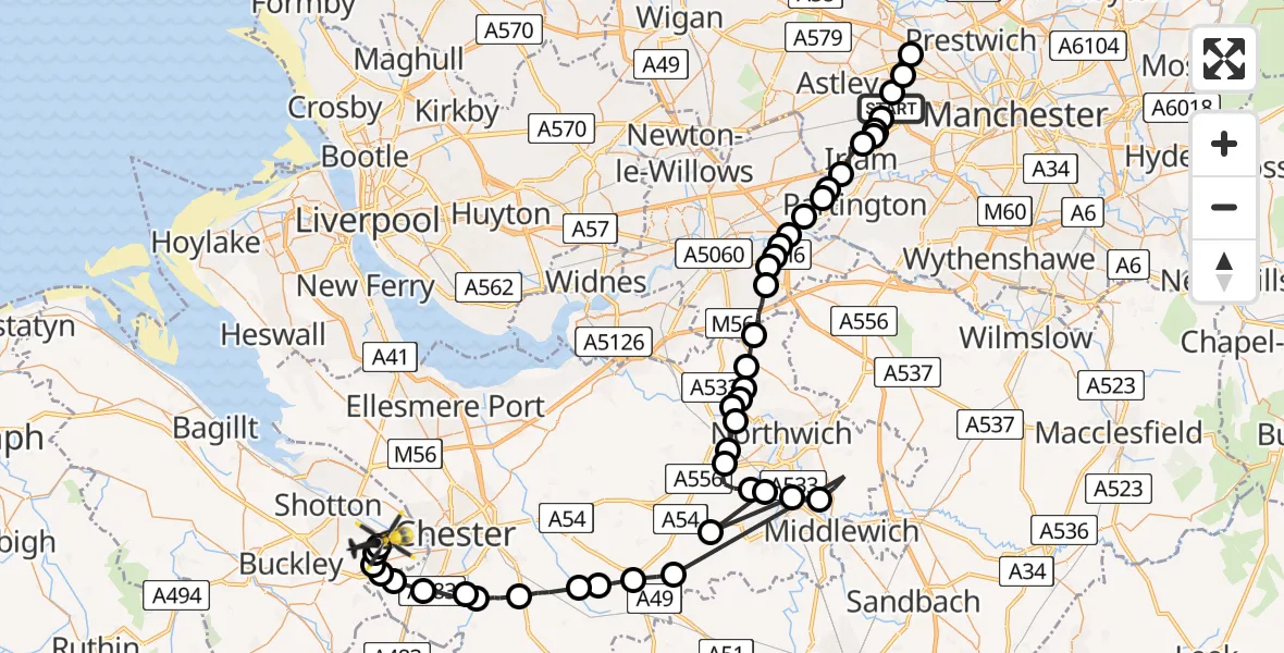 Flight path map showing Police Helicopter route from Worsley to Hawarden Airport