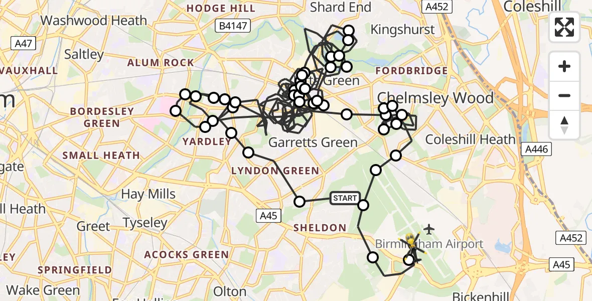 Flight path map showing Police Helicopter route from Garretts Green to Birmingham Airport