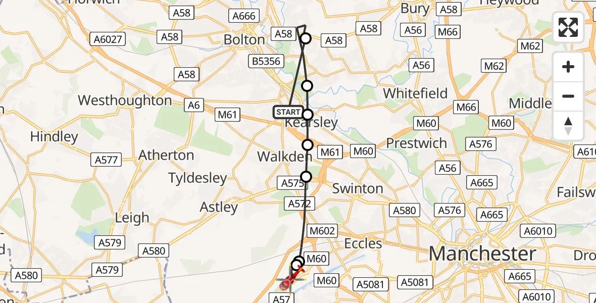 Flight path map showing Air Ambulance Helicopter route from Farnworth to Manchester Barton Aerodrome