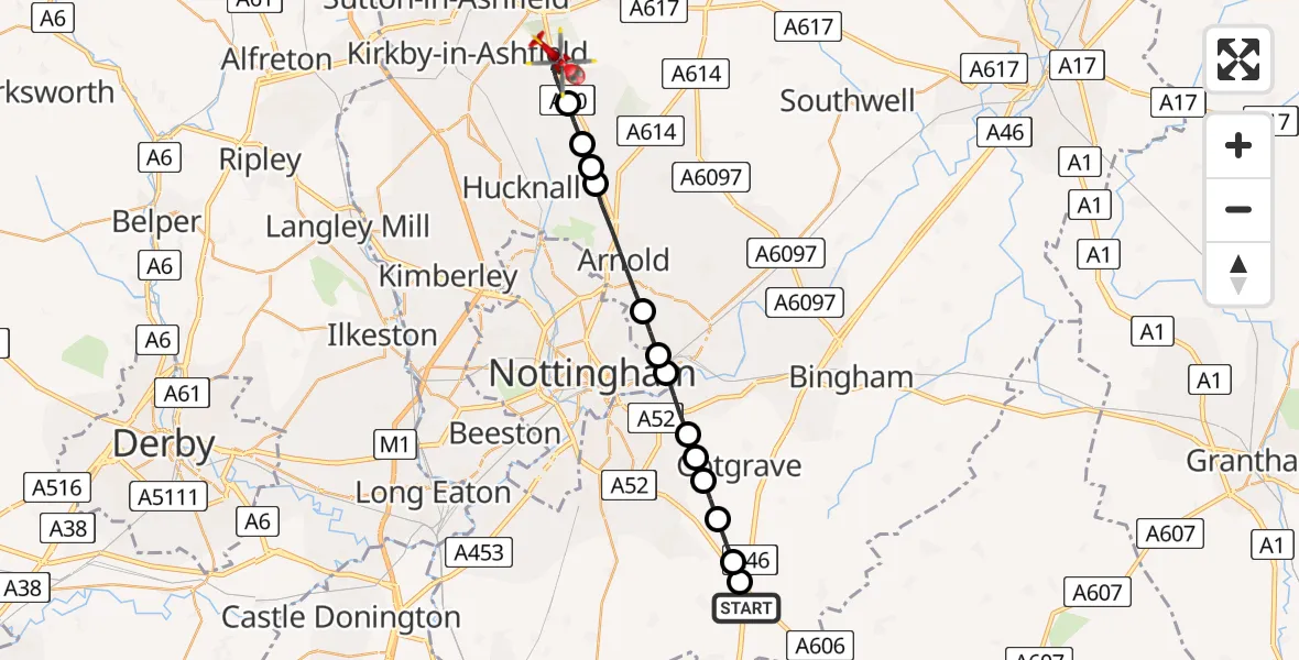 Flight path map showing Air Ambulance Helicopter route from Hickling to Ravenshead CP