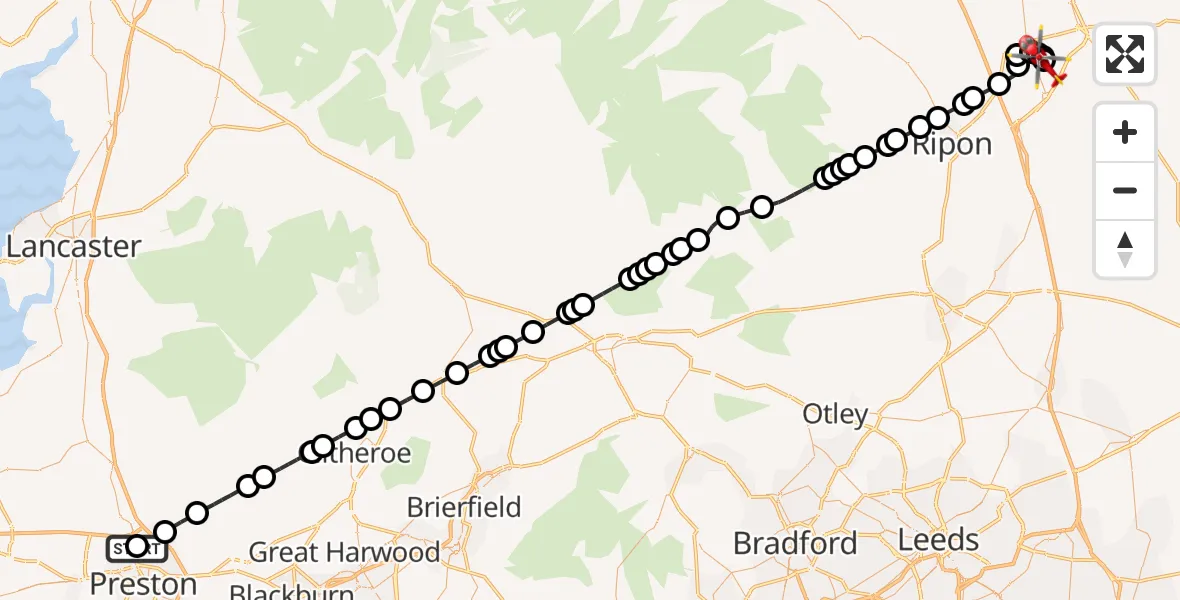 Flight path map showing Air Ambulance Helicopter route from Royal Preston to RAF Topcliffe