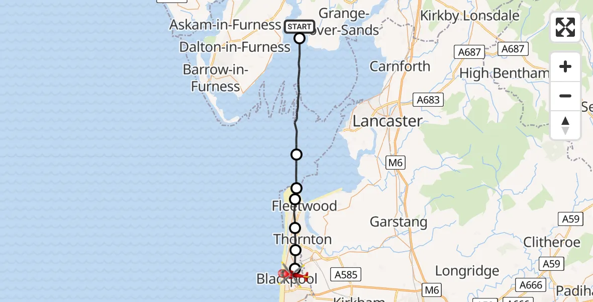 Flight path map showing Air Ambulance Helicopter route from Lower Allithwaite to Blackpool