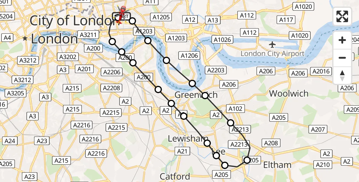 Flight path map showing Air Ambulance Helicopter route from Royal London Hospital to Royal London Hospital
