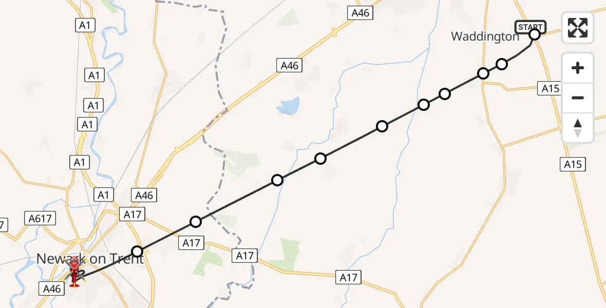 Flight path map showing Air Ambulance Helicopter route from RAF Waddington to Newark on Trent