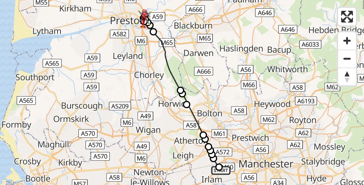 Flight route Air Ambulance Helicopter Manchester Barton Aerodrome - Preston, 04 May 2026, 12:00