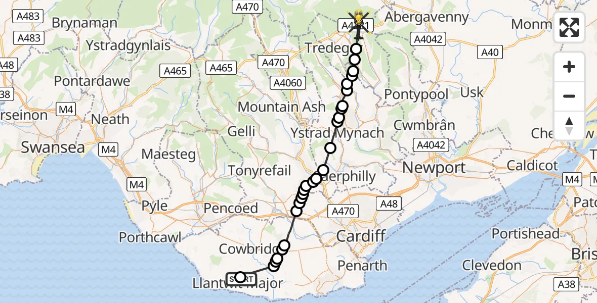 Flight path map showing Police Helicopter route from Llantwit Major to Brynmawr