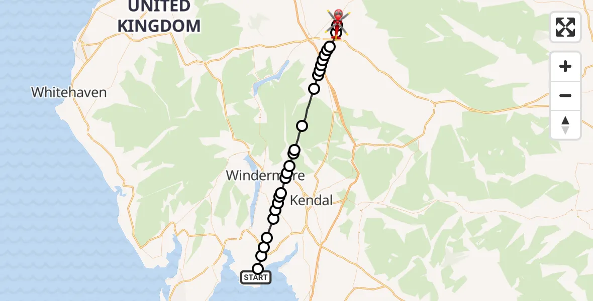Flight path map showing Air Ambulance Helicopter route from Allithwaite to Langwathby