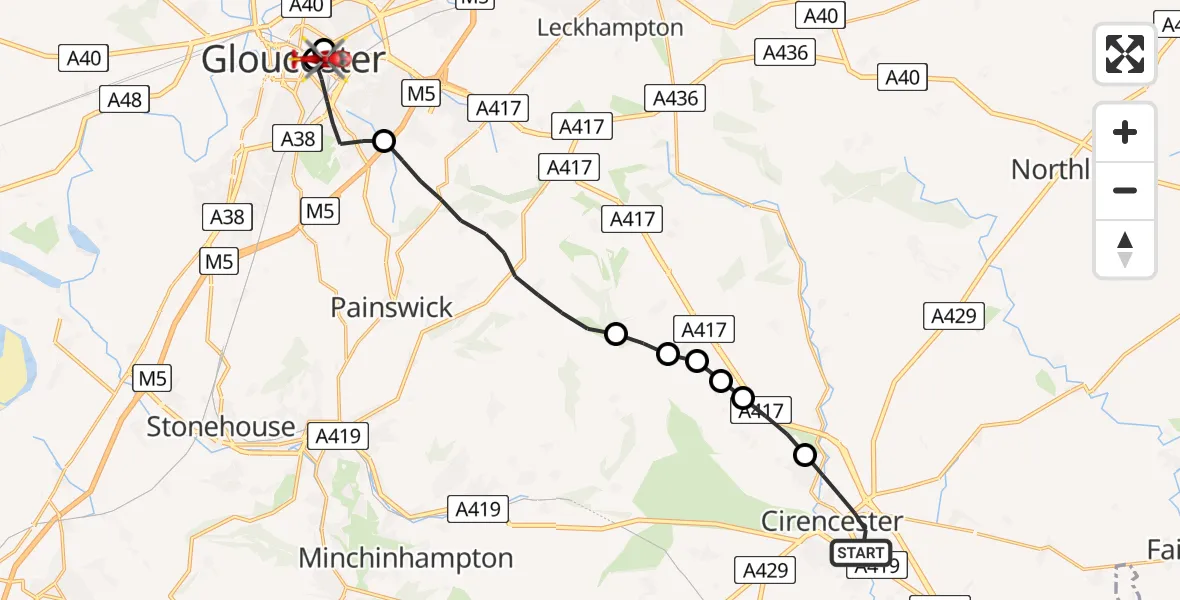 Flight path map showing Air Ambulance Helicopter route from Cirencester to Gloucester