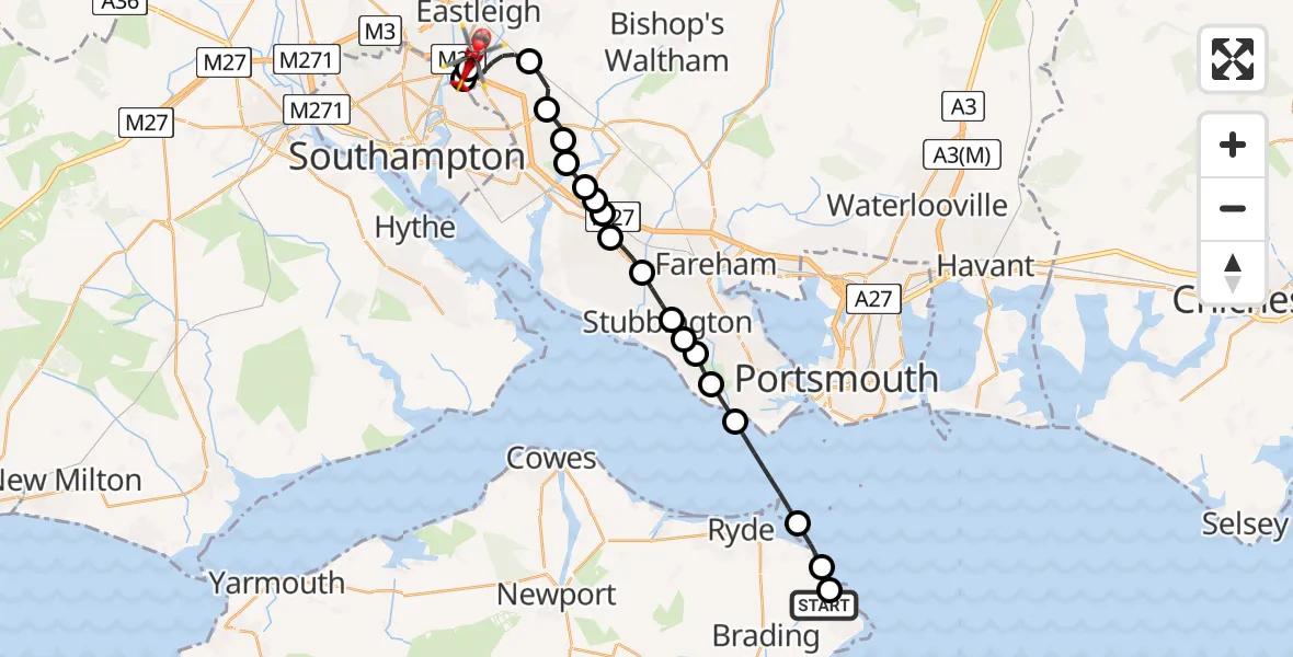 Flight path map showing Air Ambulance Helicopter route from St. Helens to Southampton Airport