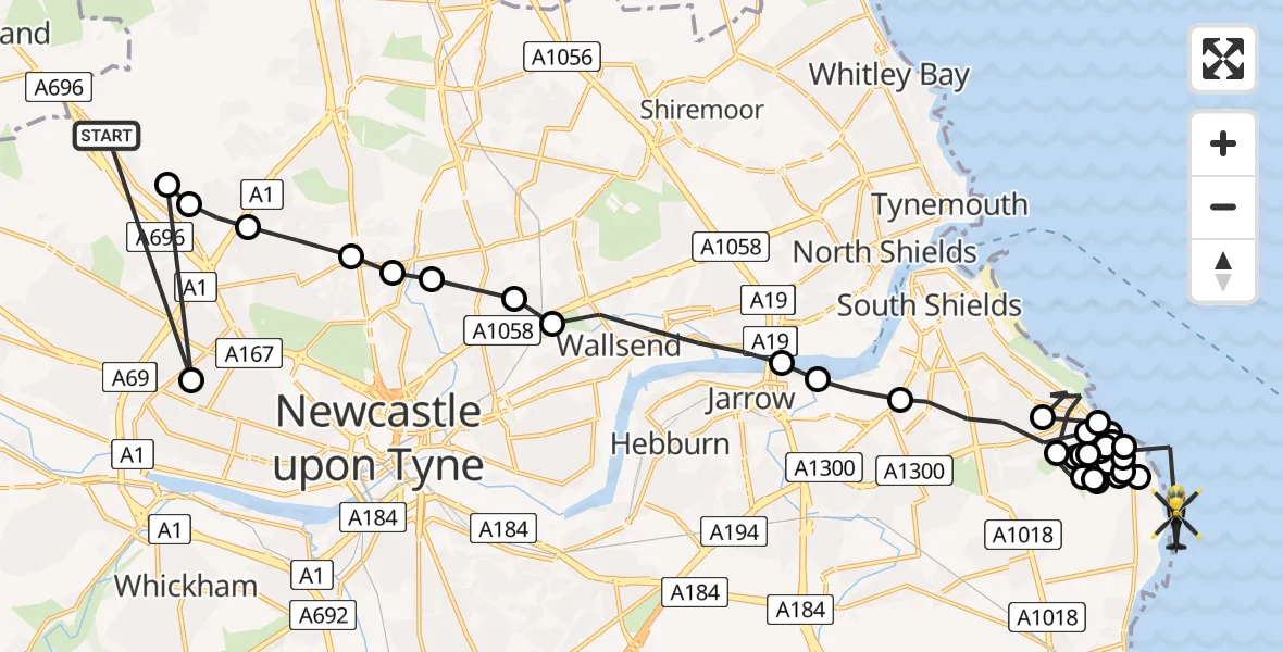 Flight path map showing Police Helicopter route from Newcastle International Airport to Whitburn