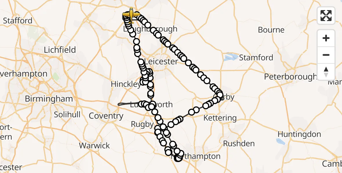 Flight path map showing Police Aircraft route from East Midlands Airport to East Midlands Airport