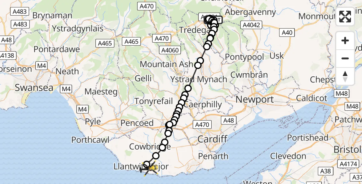 Flight path map showing Police Helicopter route from Brynmawr to MOD St Athan
