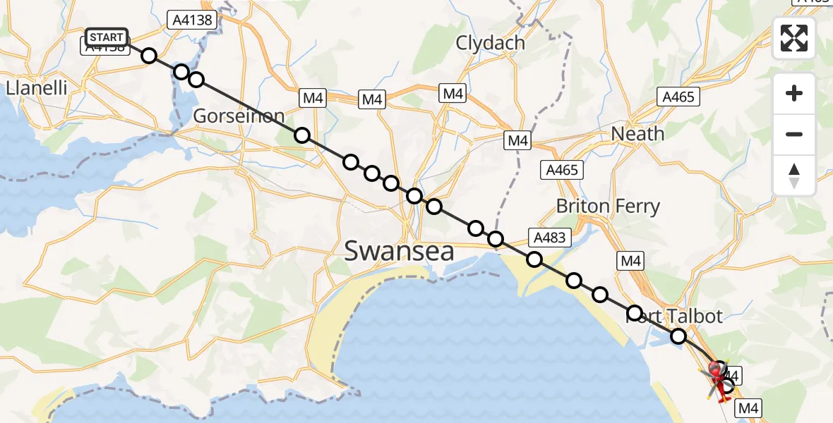 Flight path map showing Air Ambulance Helicopter route from Dafen to Port Talbot