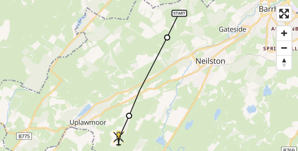 Flight path map showing Police Helicopter route from Gateside to Uplawmoor