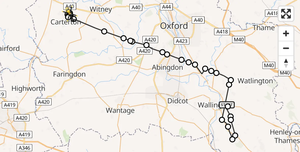 Flight path map showing Police Helicopter route from Benson to Brize Norton