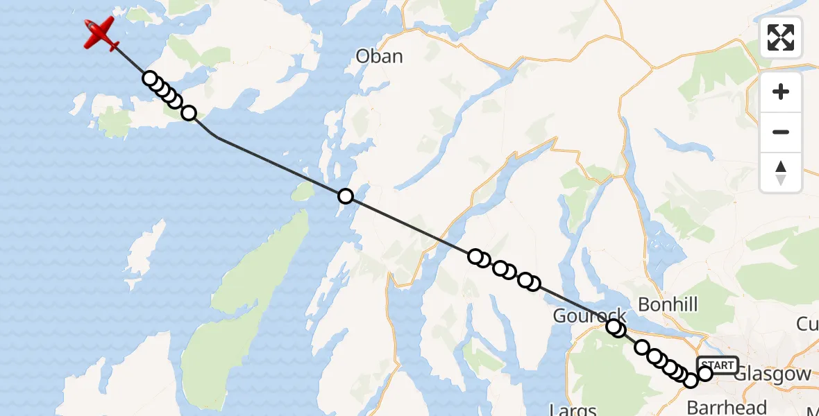 Flight path map showing Air Ambulance Aircraft route from Glasgow Airport to Inner Seas