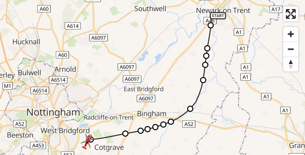 Flight path map showing Air Ambulance Helicopter route from Newark on Trent to Nottingham City Airport