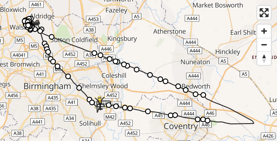 Flight route Police Helicopter Birmingham Airport - Solihull, 04 May 2026, 12:57