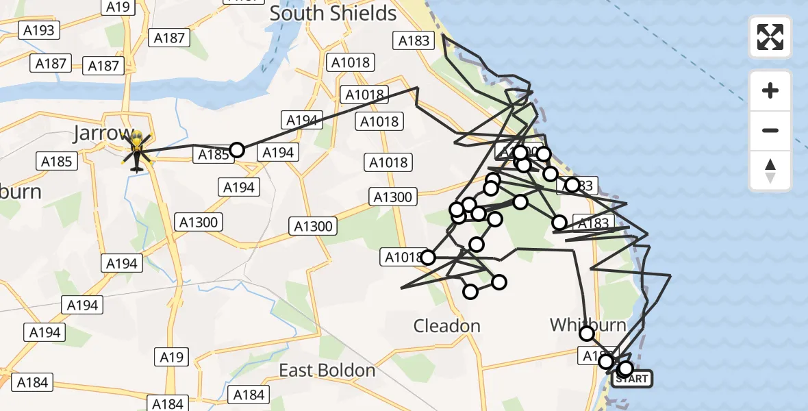 Flight path map showing Police Helicopter route from Whitburn to Jarrow