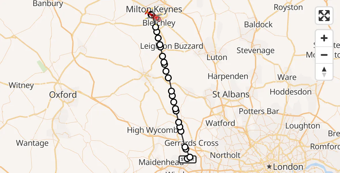 Flight path map showing Air Ambulance Helicopter route from Wexham Park Hospital to Bletchley