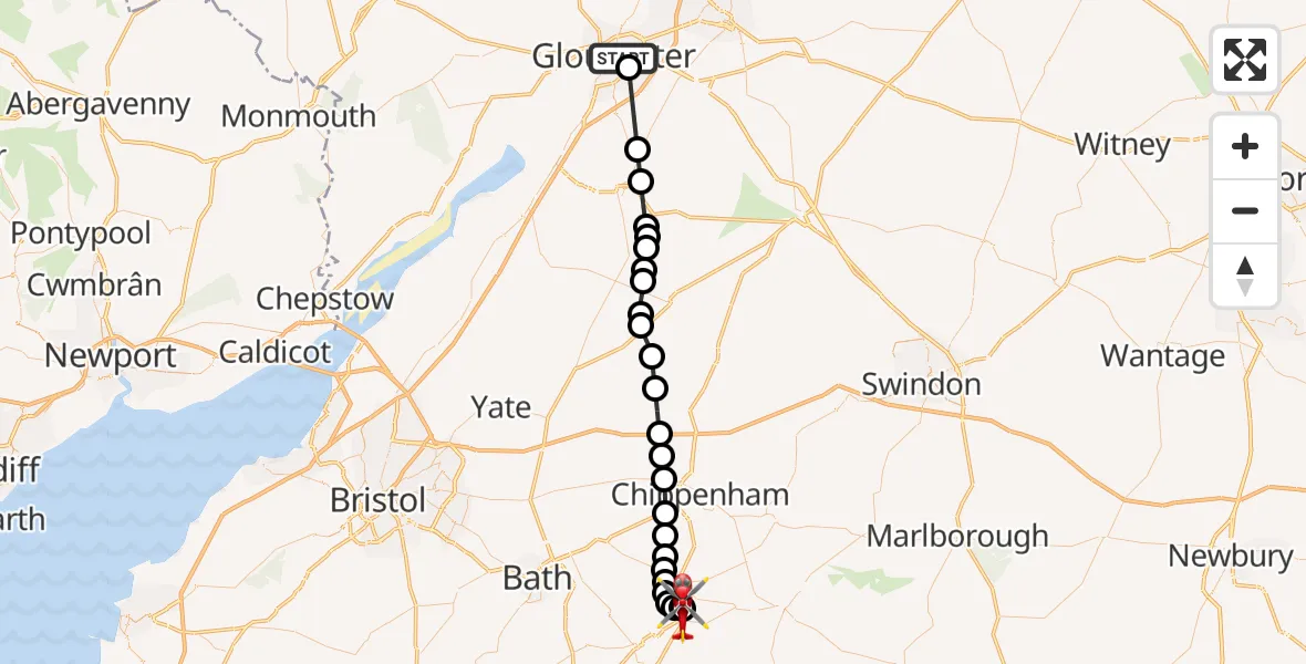 Flight path map showing Air Ambulance Helicopter route from Gloucester Royal Hospital to Wiltshire Air Ambulance