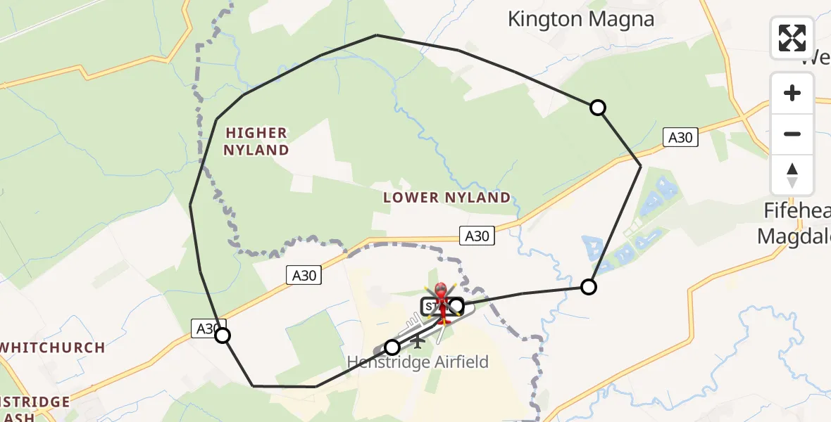 Flight path map showing Air Ambulance Helicopter route from Henstridge Airfield to Henstridge Airfield