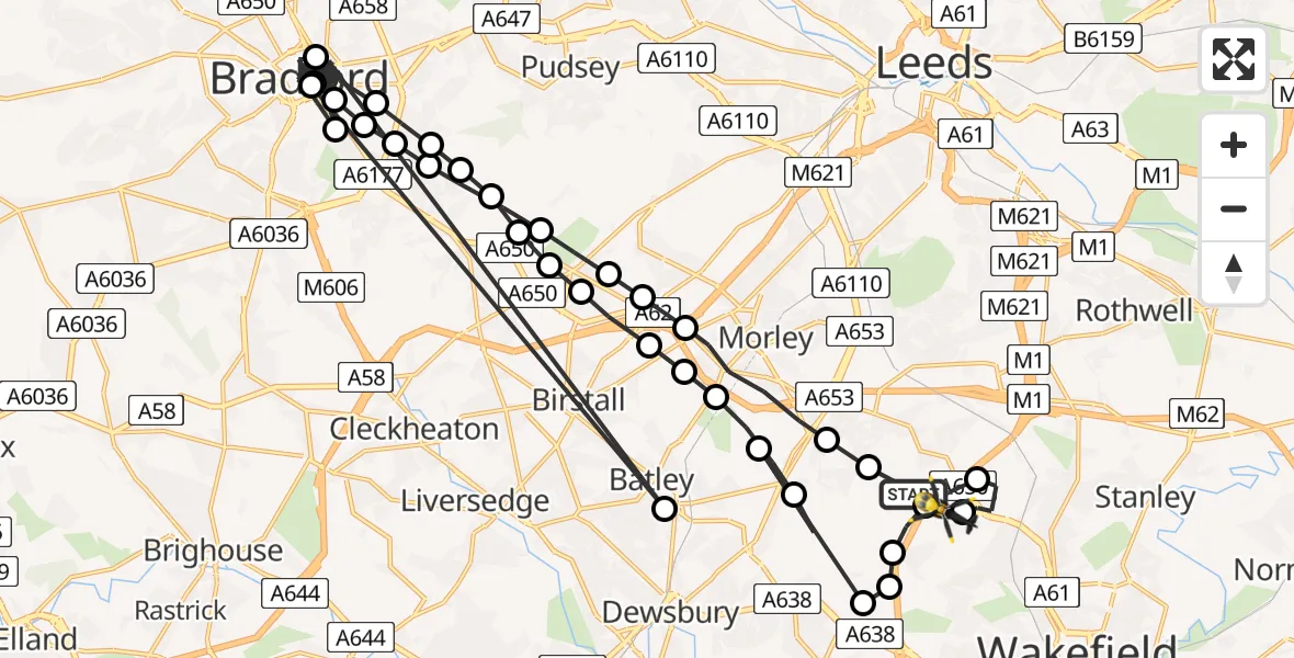 Flight path map showing Police Helicopter route from East Ardsley to East Ardsley