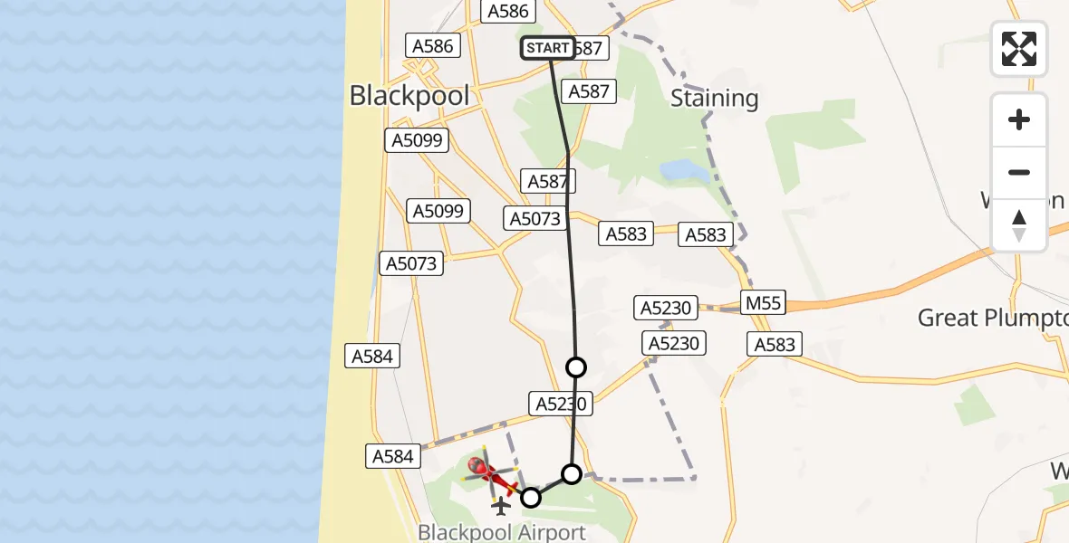 Flight path map showing Air Ambulance Helicopter route from Blackpool to Blackpool Airport