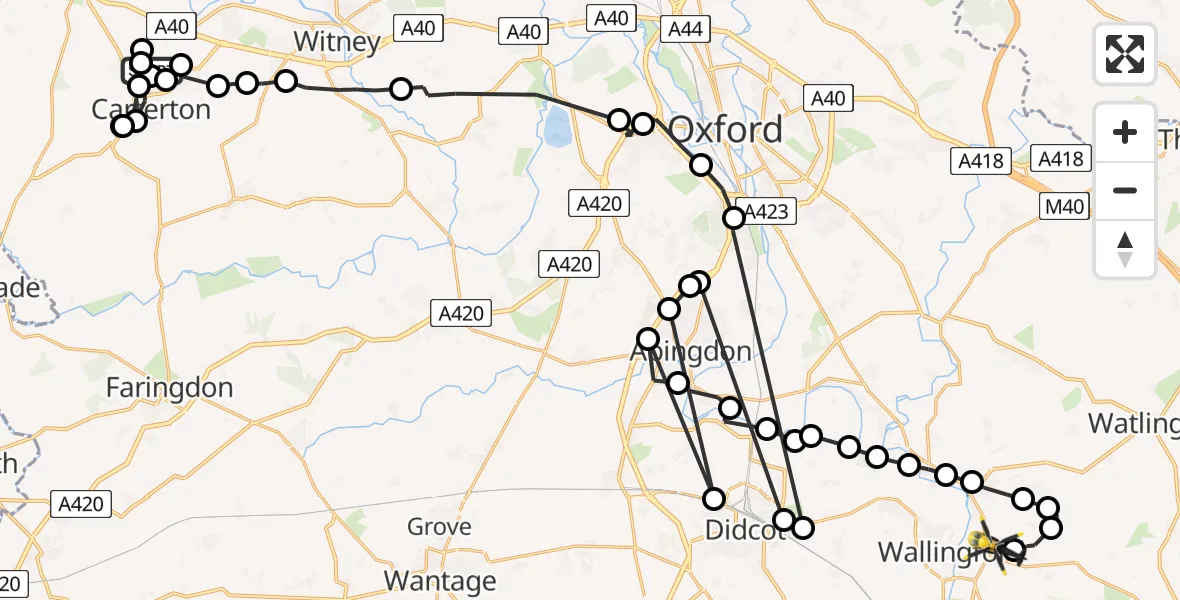 Flight path map showing Police Helicopter route from Brize Norton to Crowmarsh Gifford
