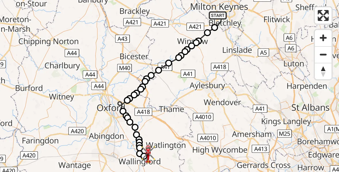Flight path map showing Air Ambulance Helicopter route from Bletchley to RAF Benson