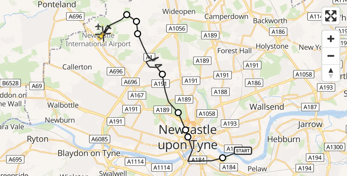 Flight path map showing Police Helicopter route from Walker to Newcastle International Airport