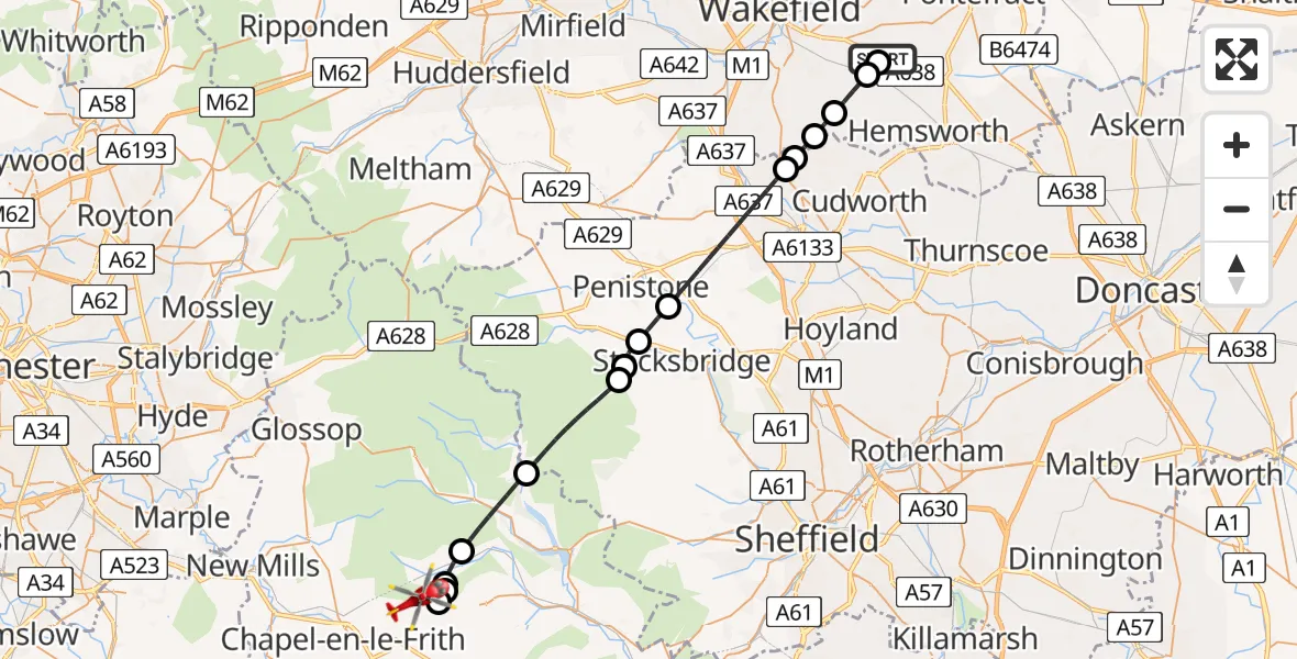 Flight path map showing Air Ambulance Helicopter route from YAA Nostell Helicopter Port to Wash