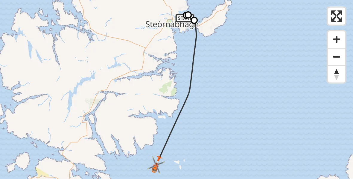 Flight path map showing Coastguard Helicopter route from Stornoway Airport to Inner Seas
