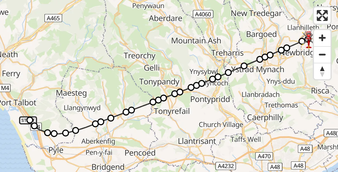 Flight path map showing Air Ambulance Helicopter route from Margam to Swffryd