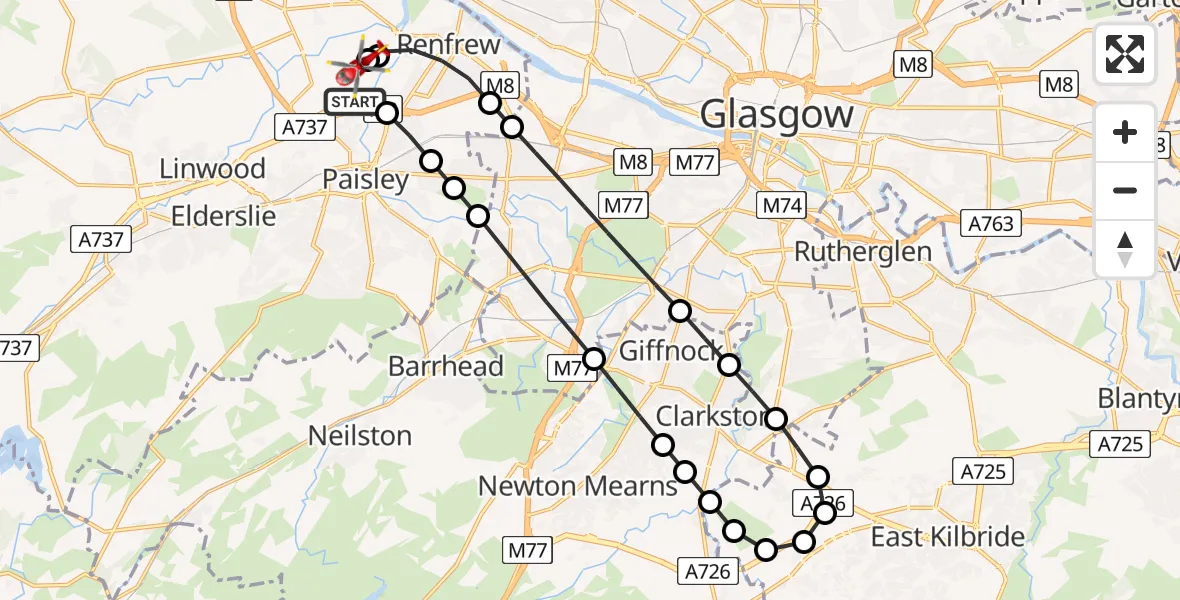 Flight path map showing Air Ambulance Helicopter route from Glasgow Airport to Glasgow Airport