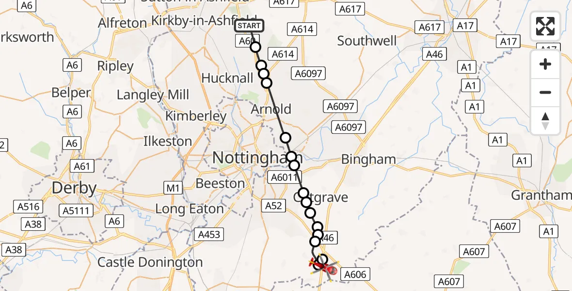 Routekaart van de vlucht: Air Ambulance Helicopter to Nottingham Heliport