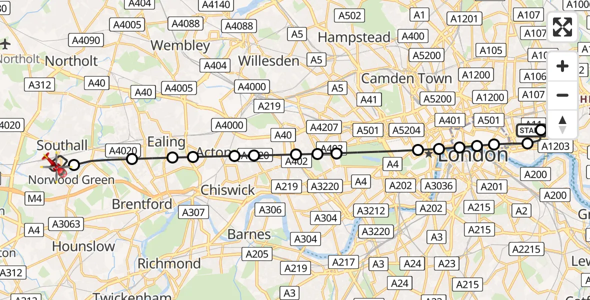 Flight path map showing Air Ambulance Helicopter route from Royal London Hospital to Ealing