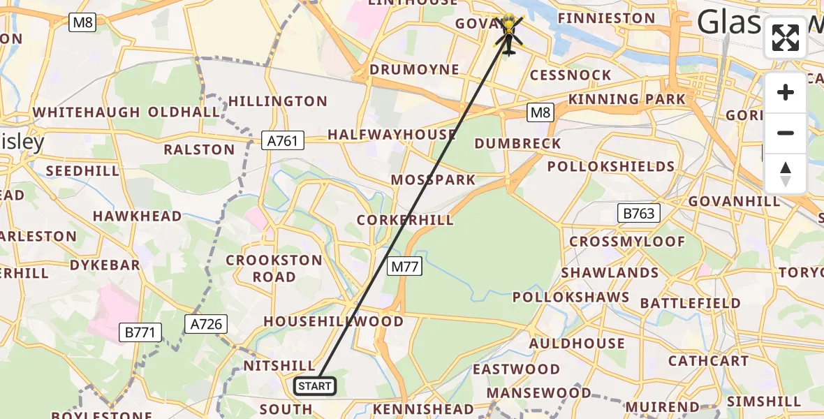 Flight path map showing Police Helicopter route from Glasgow to Glasgow