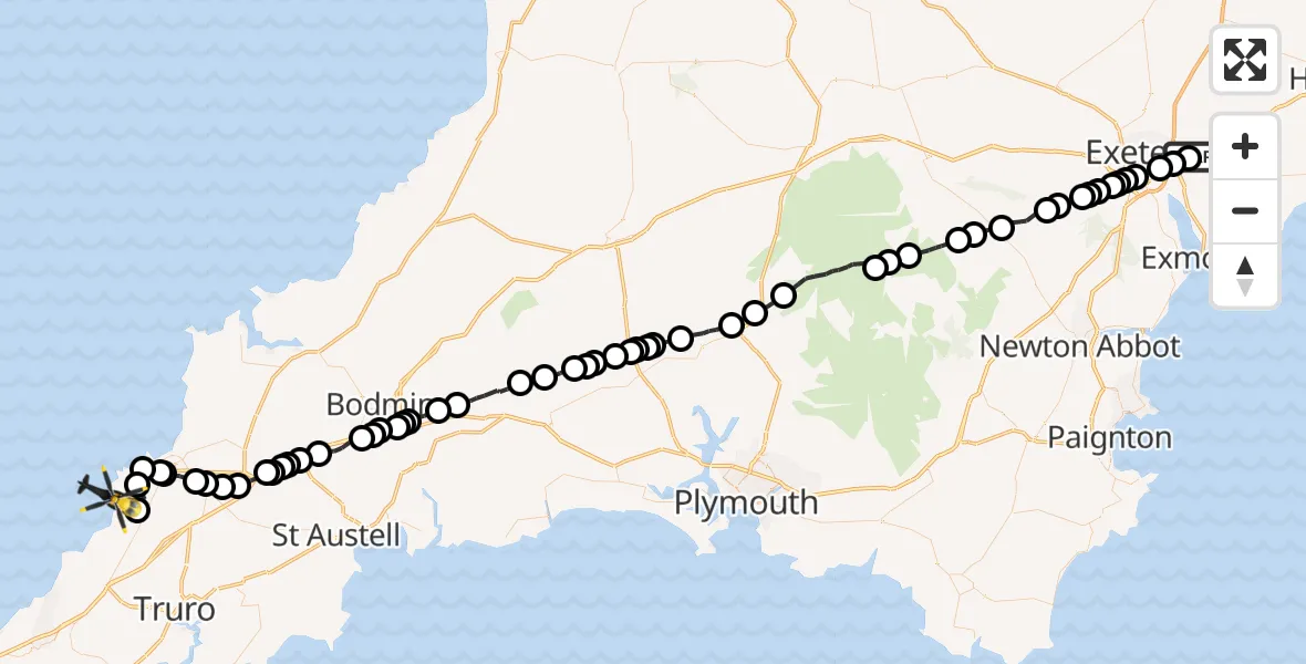 Flight path map showing Police Helicopter route from Clyst Honiton to Perranzabuloe