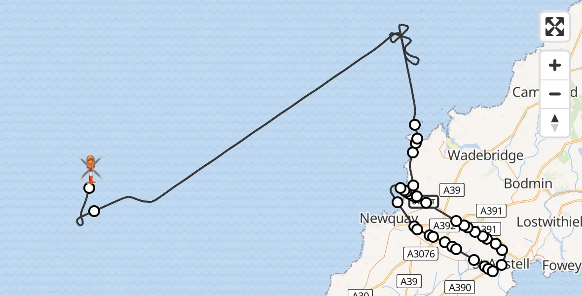 Flight path map showing Coastguard Helicopter route from Cornwall Airport Newquay to Bristol Channel