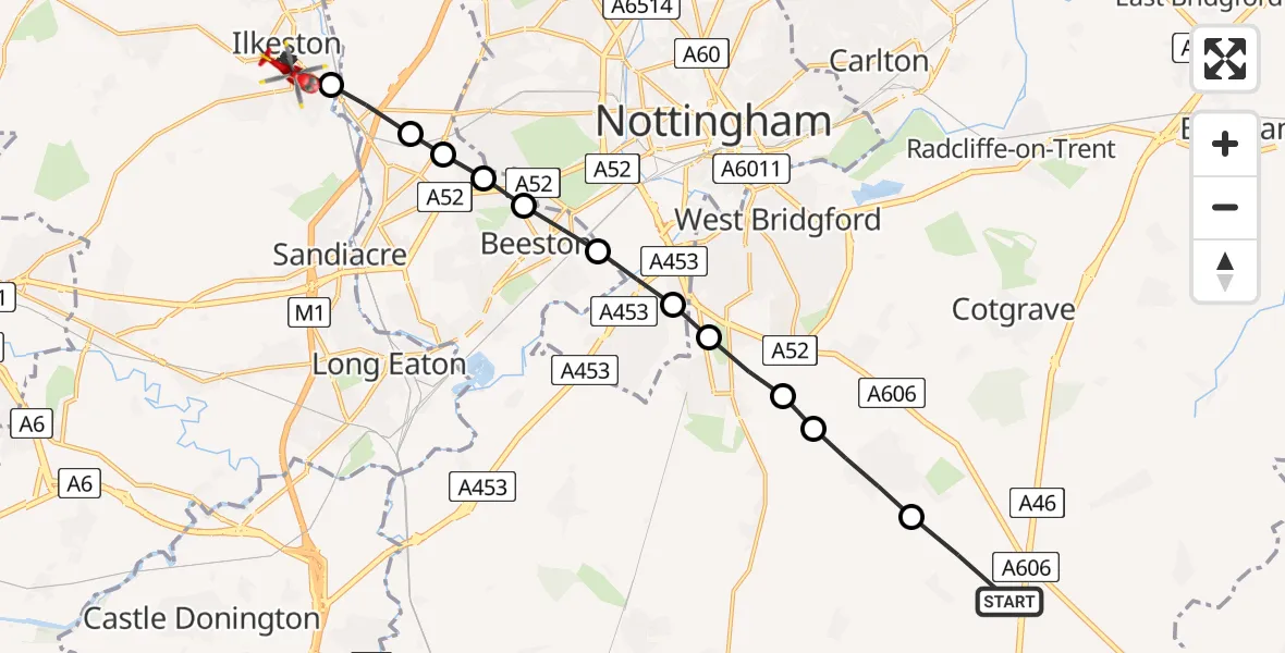 Flight path map showing Air Ambulance Helicopter route from Widmerpool to Ilkeston