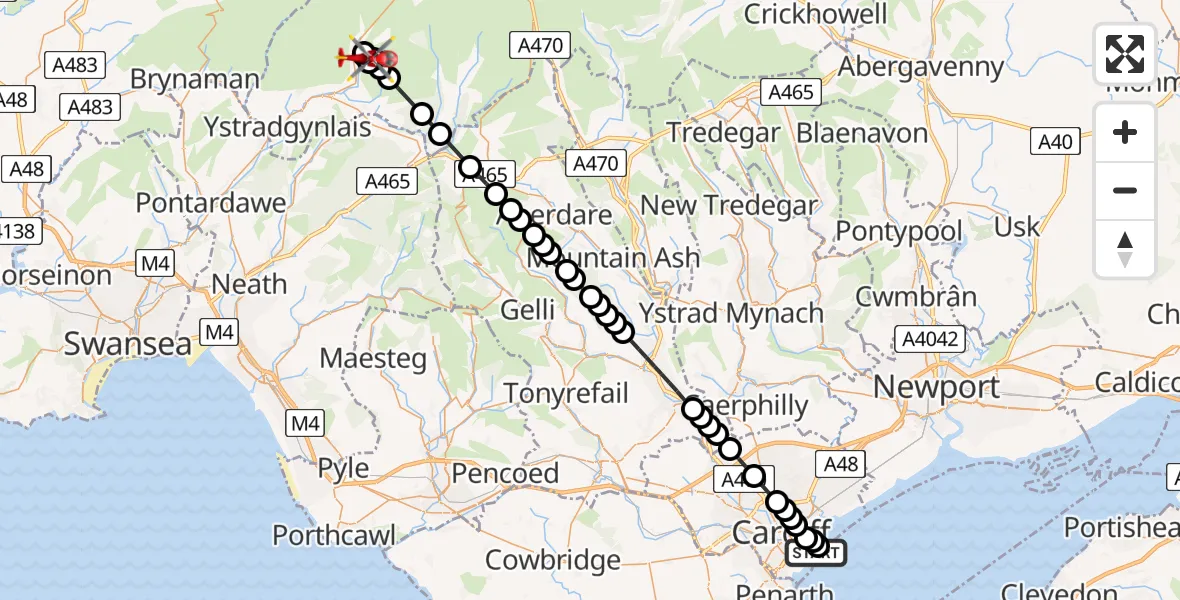 Flight path map showing Air Ambulance Helicopter route from Cardiff Heliport to Penwyllt