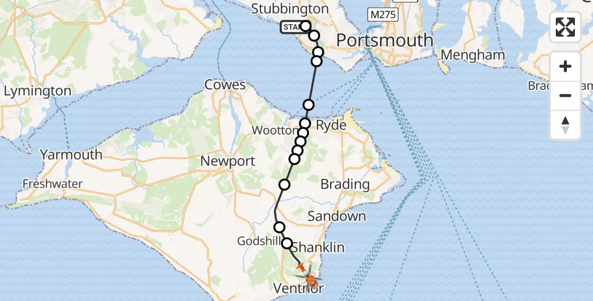 Flight path map showing Coastguard Helicopter route from Solent Airport to Wroxall