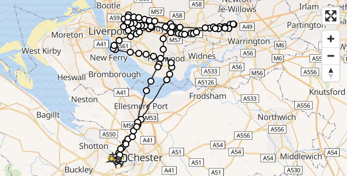 Flight path map showing Police Helicopter route from Saltney Ferry to Hawarden Airport