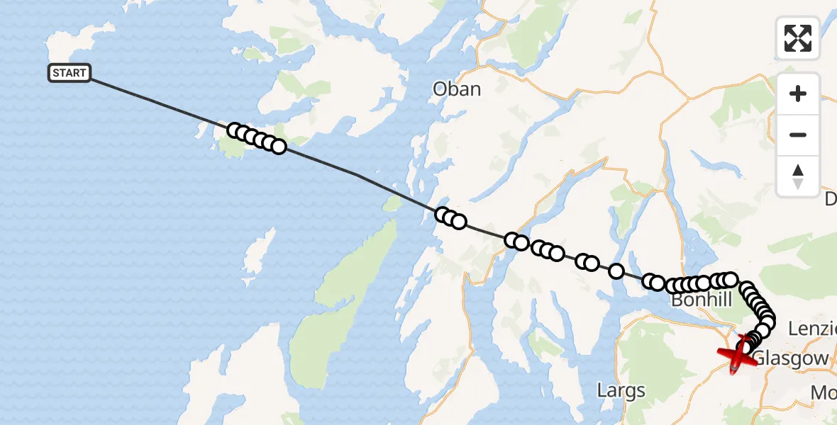 Flight path map showing Air Ambulance Aircraft route from Inner Seas to Glasgow Airport