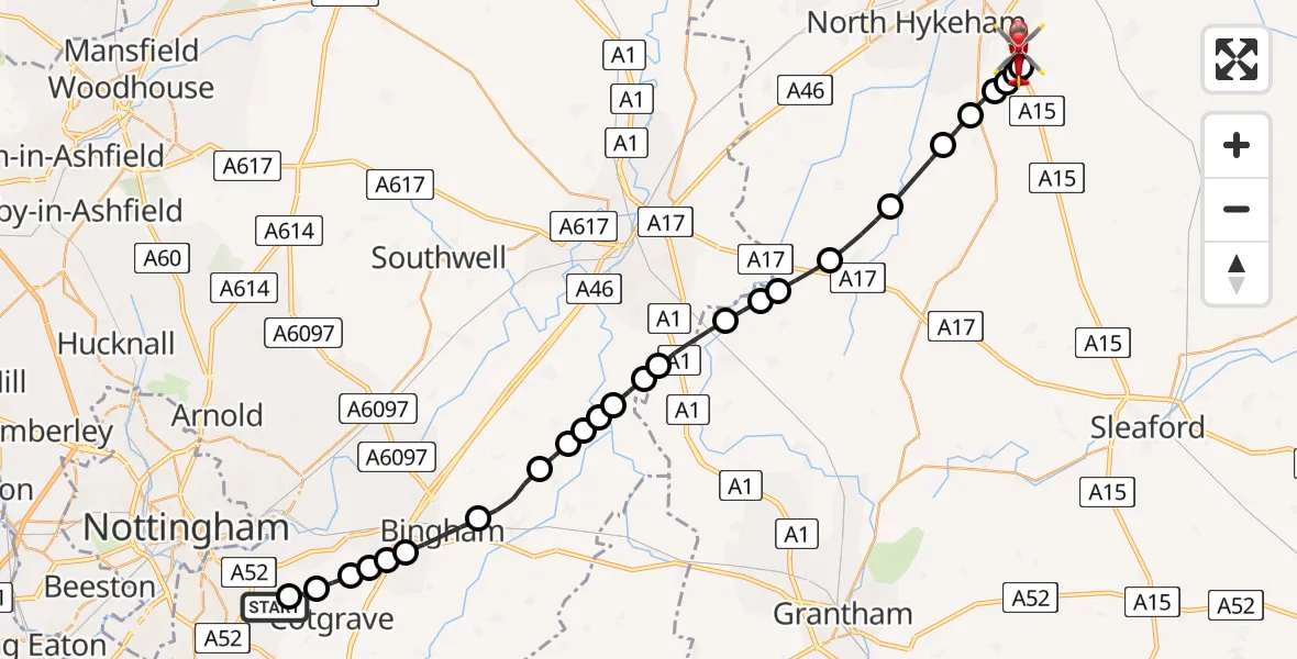 Flight path map showing Air Ambulance Helicopter route from Nottingham City Airport to North Kesteven