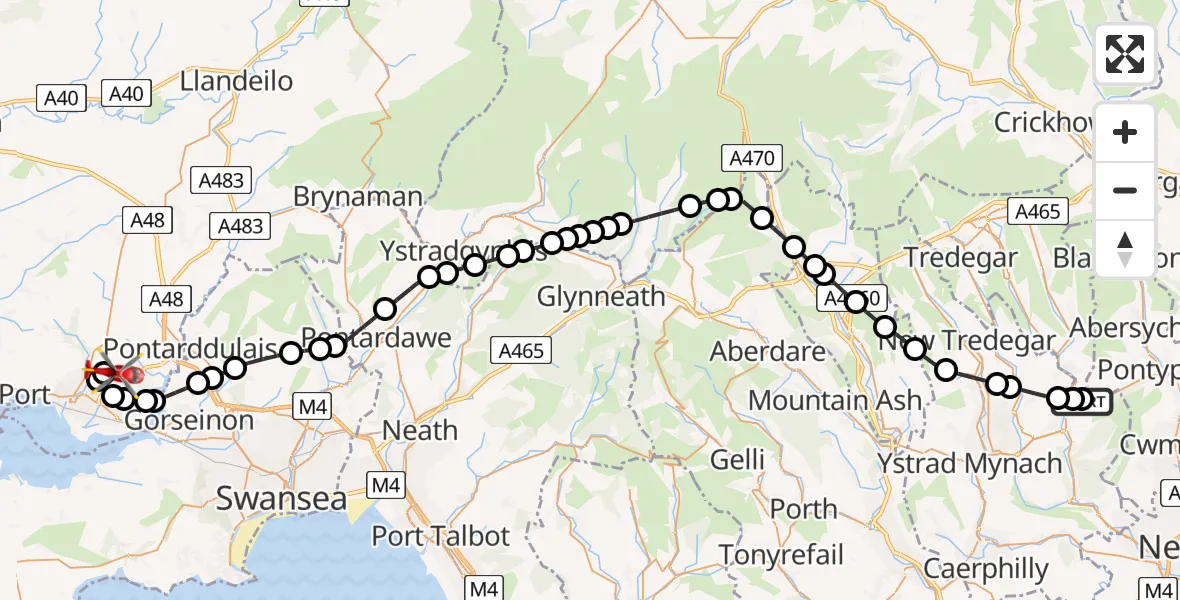Flight path map showing Air Ambulance Helicopter route from Hafodyrynys to Dafen